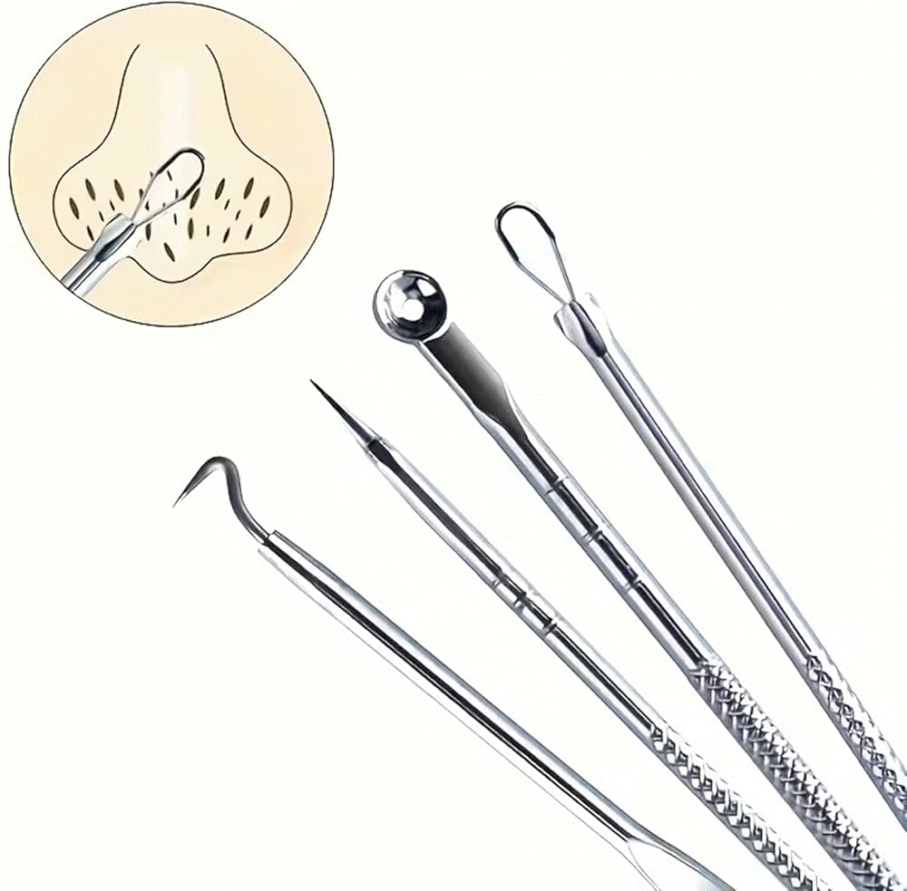 Problems Solved blackhead removal tool kit with four silver facial care tools and storage box for nose pore cleaning.