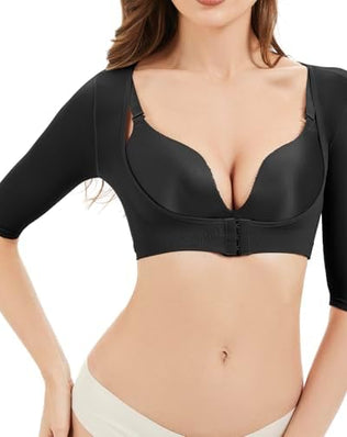 Problems Solved women's arm shaper compression sleeves for post-surgical slimming, shown in a close-up image.