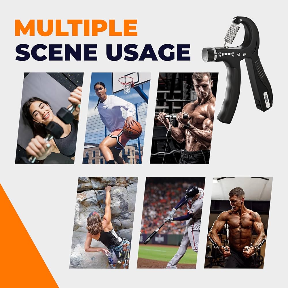 Problems Solved adjustable grip strengthener with black handles and tension dial, used for forearm and hand muscle training.