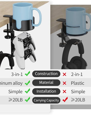 Problems Solved 360º rotating gaming controller headset stand with desk clamp, holding gaming controllers and headsets securely.