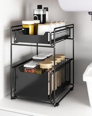 Problems Solved 2-tier under sink organizer with slide-out drawers for kitchen storage, showing organized space under the sink.