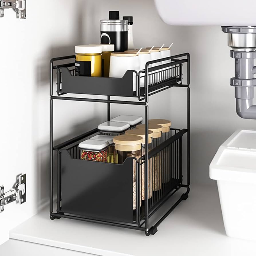Problems Solved 2-tier under sink organizer with slide-out drawers for kitchen storage, showing organized space under the sink.