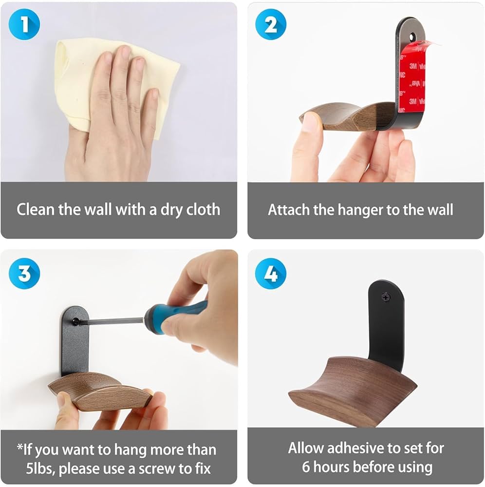 Problems Solved walnut headset holder with 6cm wide headrest, headphone stand featuring 3M tape and screw attachment.