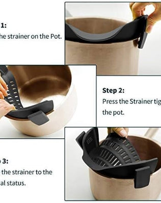 Problems Solved silicone clip-on pot strainer for hands-free, easy food straining in a versatile kitchen tool.