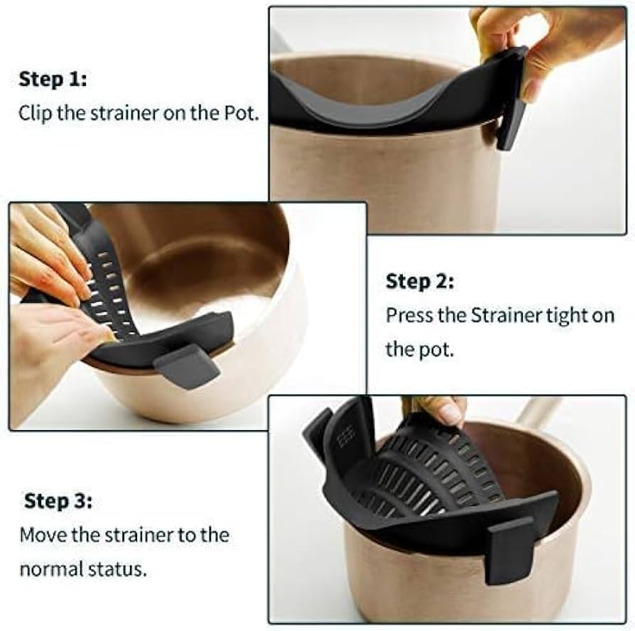 Problems Solved silicone clip-on pot strainer for hands-free, easy food straining in a versatile kitchen tool.