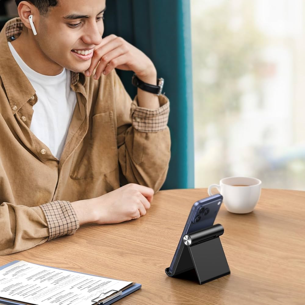Problems Solved phone stand for desk, adjustable mobile phone holder compatible with iPhone, supporting hands-free viewing.