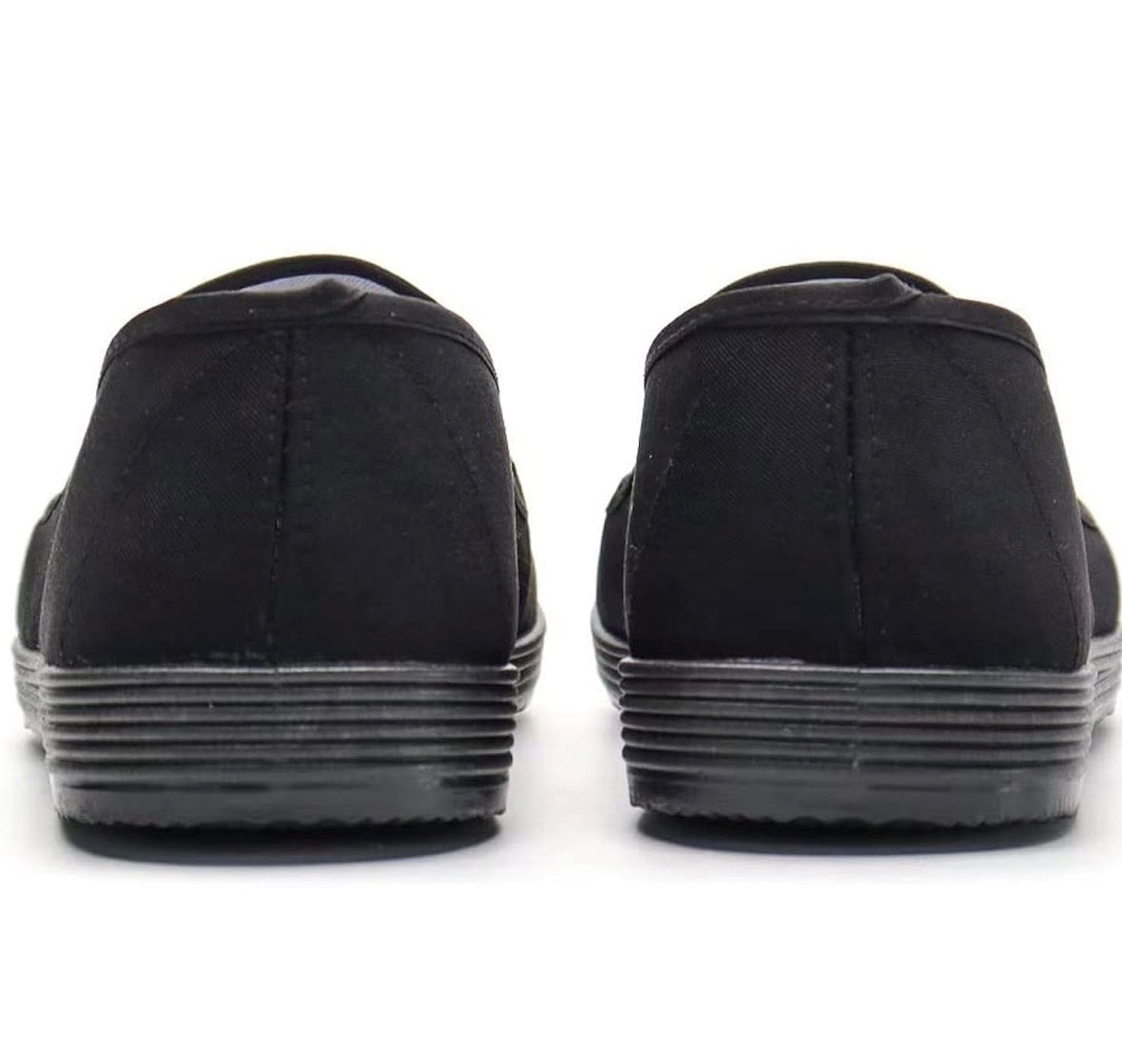 Unisex black Chinese style slippers with rubber soles, suitable for Kung Fu, martial arts, and Tai Chi practice.