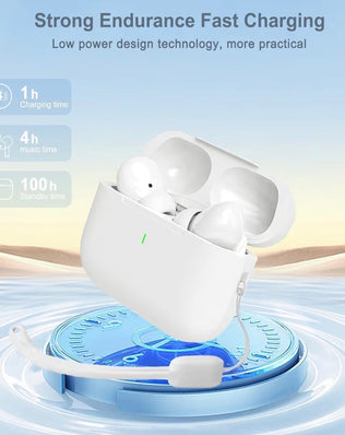 Wireless Bluetooth 5.0 earbuds by Problems Solved with noise-canceling design, shown in black with charging case and ear tips.