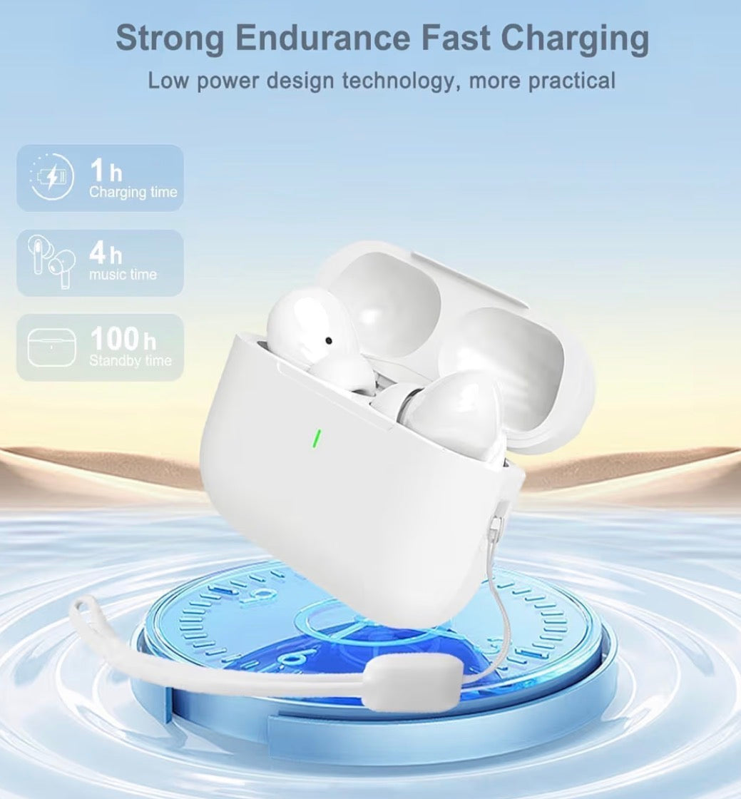 Wireless Bluetooth 5.0 earbuds by Problems Solved with noise-canceling design, shown in black with charging case and ear tips.