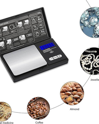 Problems Solved Mini Pocket Scale showing digital display with 0.01g to 500g capacity, compact portable kitchen weighing scale