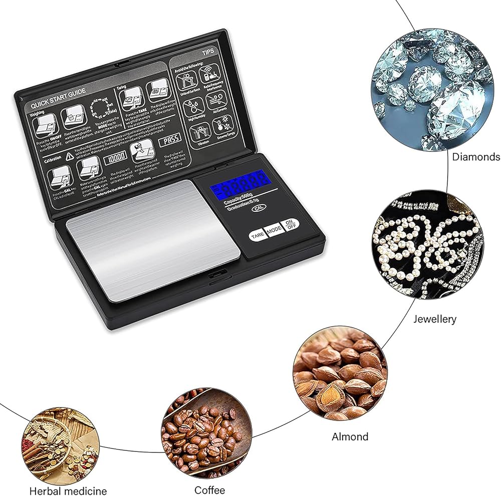 Problems Solved Mini Pocket Scale showing digital display with 0.01g to 500g capacity, compact portable kitchen weighing scale