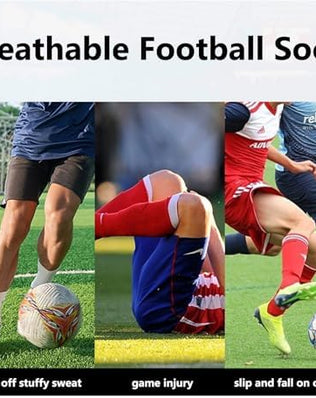 Three pairs of Problems Solved non-slip football grip socks for men, showing the textured grip soles and athletic design.