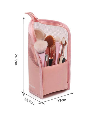 Problems Solved multifunctional makeup brush organizer bag with half-clear design, holding various makeup brushes and tools.