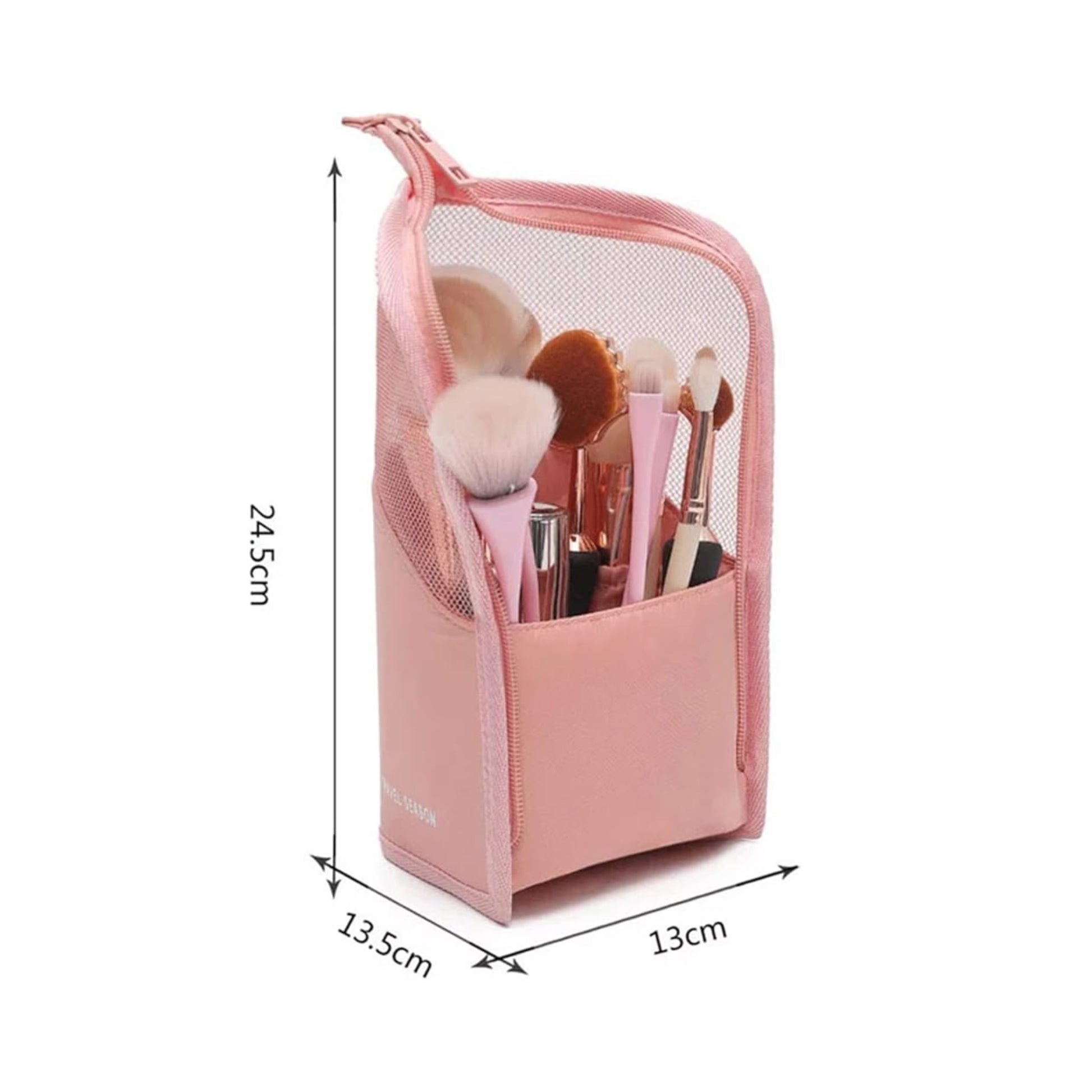 Problems Solved multifunctional makeup brush organizer bag with half-clear design, holding various makeup brushes and tools.