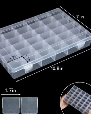 Transparent plastic storage box with multiple compartments for organizing small items, by Problems Solved.