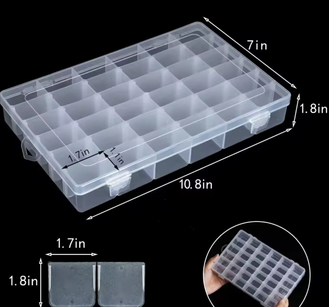 Transparent plastic storage box with multiple compartments for organizing small items, by Problems Solved.