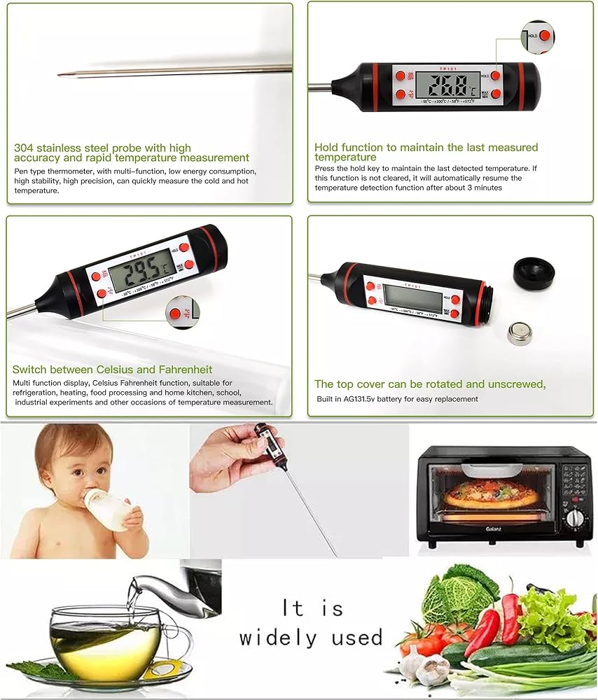 Problems Solved digital thermometer for candle making, meat, and BBQ grill with LCD display and precise temperature readings.