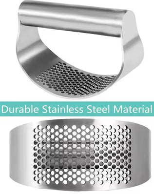 Upgraded stainless steel garlic press squeezer by Problems Solved, showing the manual kitchen tool with textured handle and stainless steel body.