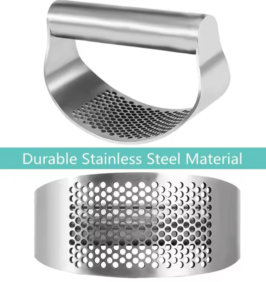 Upgraded stainless steel garlic press squeezer by Problems Solved, showing the manual kitchen tool with textured handle and stainless steel body.