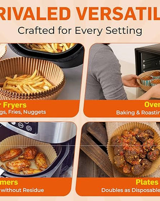 Set of 100 disposable air fryer paper liners from Problems Solved, 7.9-inch round paper for easy food cooking and cleanup.