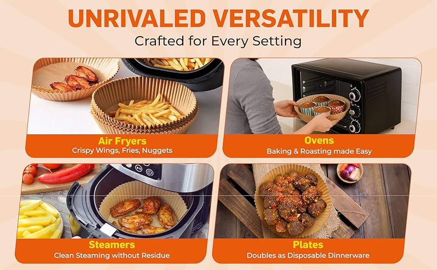 Set of 100 disposable air fryer paper liners from Problems Solved, 7.9-inch round paper for easy food cooking and cleanup.