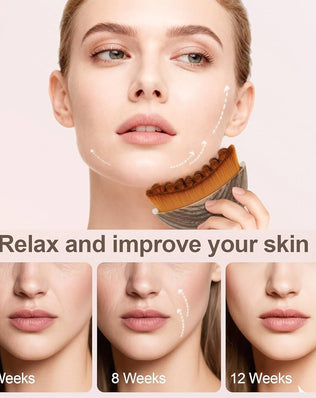 Problems Solved contour face brush for manual lymphatic drainage, natural makeup application, with soft bristles and ergonomic handle.