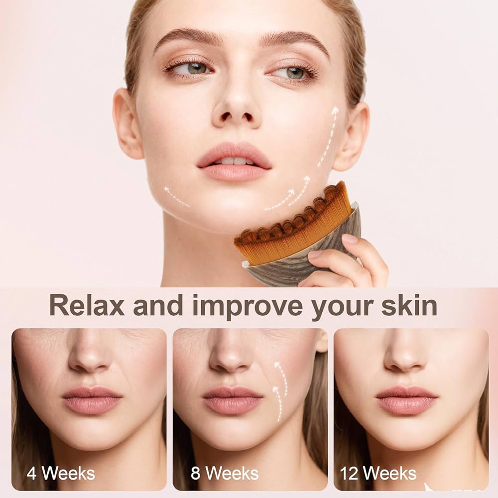 Problems Solved contour face brush for manual lymphatic drainage, natural makeup application, with soft bristles and ergonomic handle.