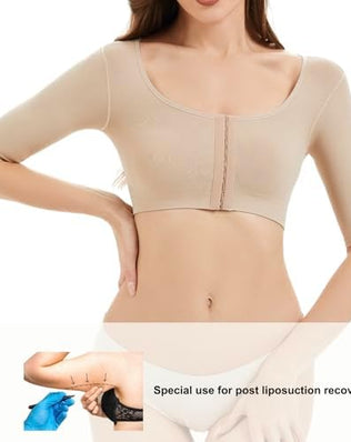 Problems Solved women's arm shaper with front closure, post-surgery compression sleeve for lipo, providing support and shaping.