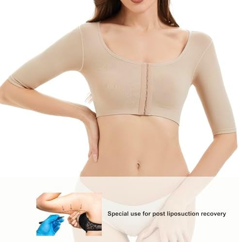 Problems Solved women's arm shaper with front closure, post-surgery compression sleeve for lipo, providing support and shaping.