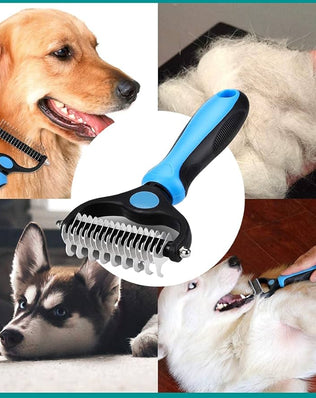 Problems Solved 2-in-1 pet grooming tool with dual-sided dematting comb for dogs and cats, featuring stainless steel blades.