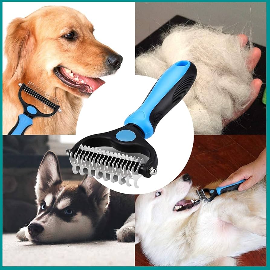Problems Solved 2-in-1 pet grooming tool with dual-sided dematting comb for dogs and cats, featuring stainless steel blades.