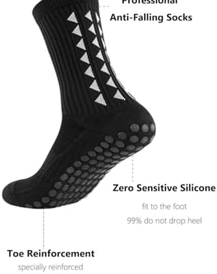 Three pairs of Problems Solved men's non-slip football grip socks with textured soles for secure footing during sports.