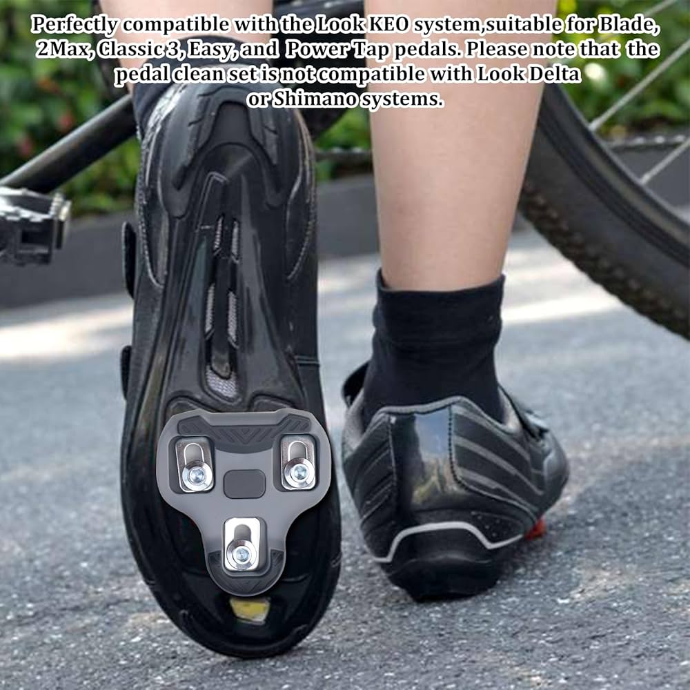 Problems Solved Look Keo bike pedal cleats with 3-hole grip blade for carbon classic cycling shoes, compatible with Keo pedals.