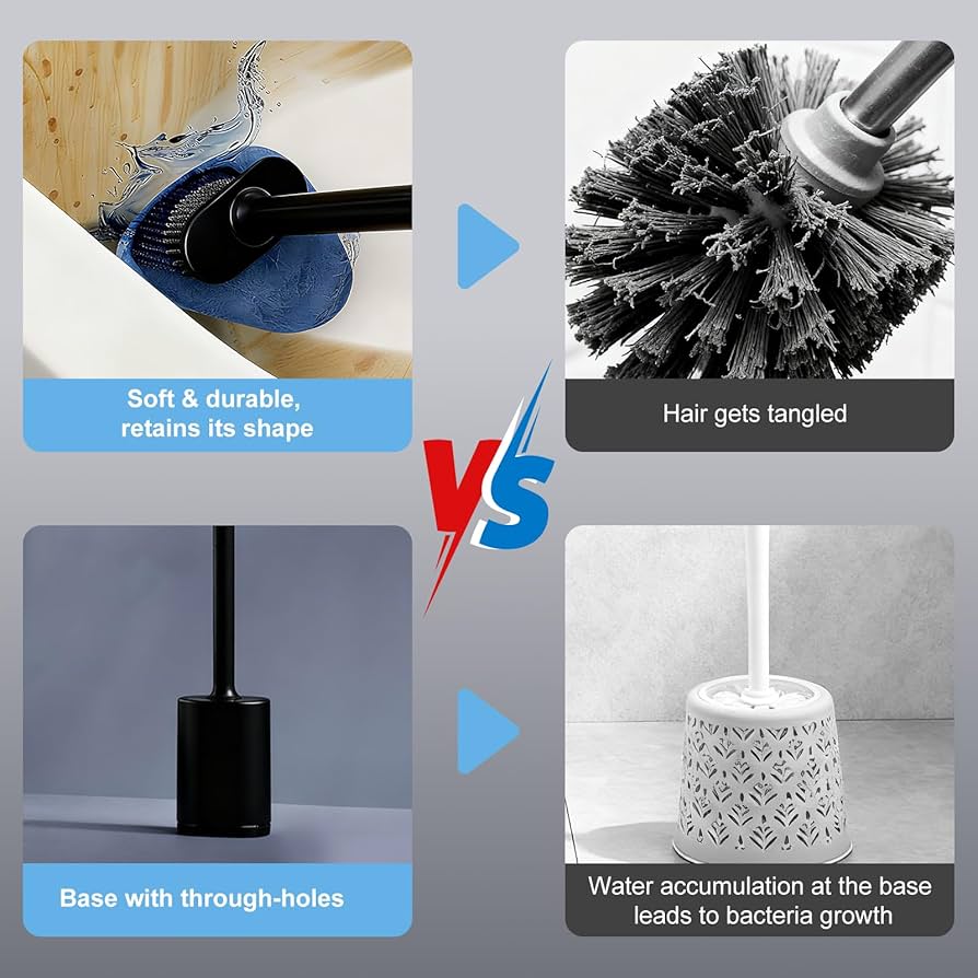 Toilet Brush and Holder with Flat Flexible Silcone Head & Durable and Flexible Bristles