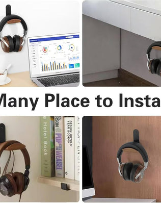 Problems Solved walnut headset holder with 6cm wide headrest, headphone stand featuring 3M tape and screw for secure mounting.
