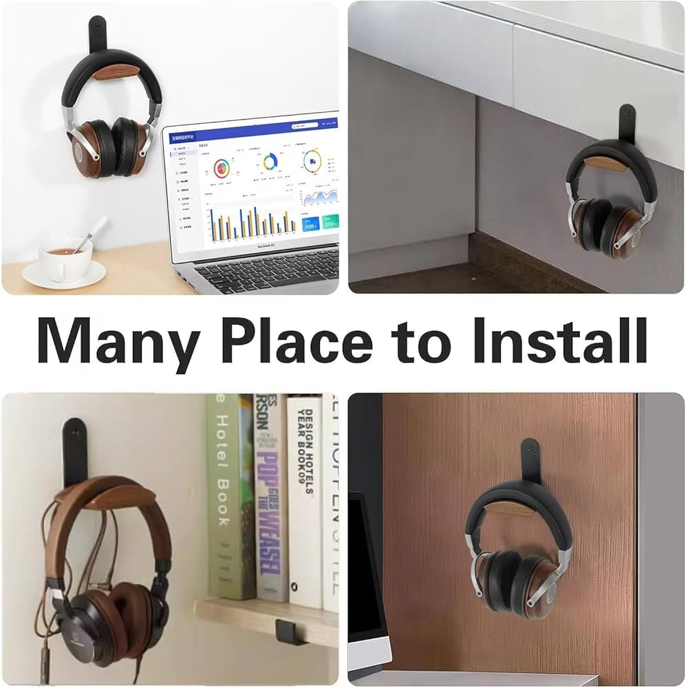 Problems Solved walnut headset holder with 6cm wide headrest, headphone stand featuring 3M tape and screw for secure mounting.