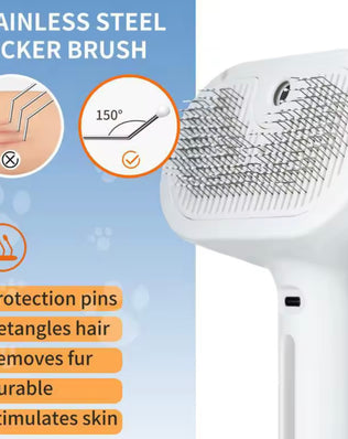Problems Solved Dog Steam Comb pet massage brush with USB charging, showing the ergonomic brush and steam vents for grooming.