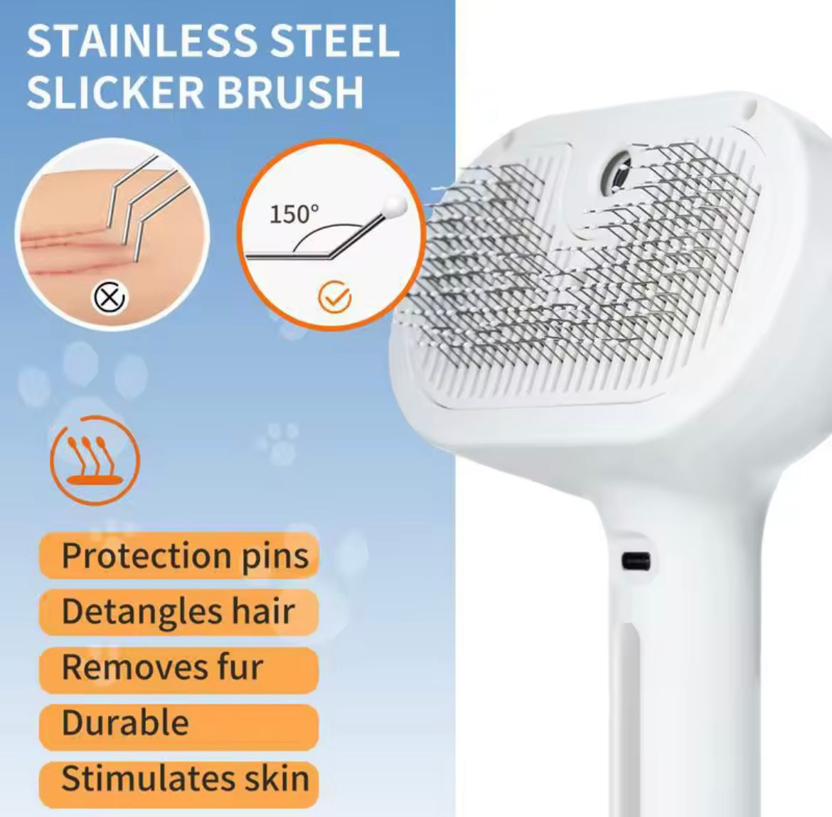 Problems Solved Dog Steam Comb pet massage brush with USB charging, showing the ergonomic brush and steam vents for grooming.