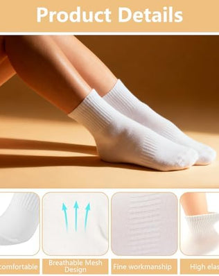 Pair of 10 women's breathable, wicking ankle socks with cushioned soles, from Problems Solved, shown laid flat.