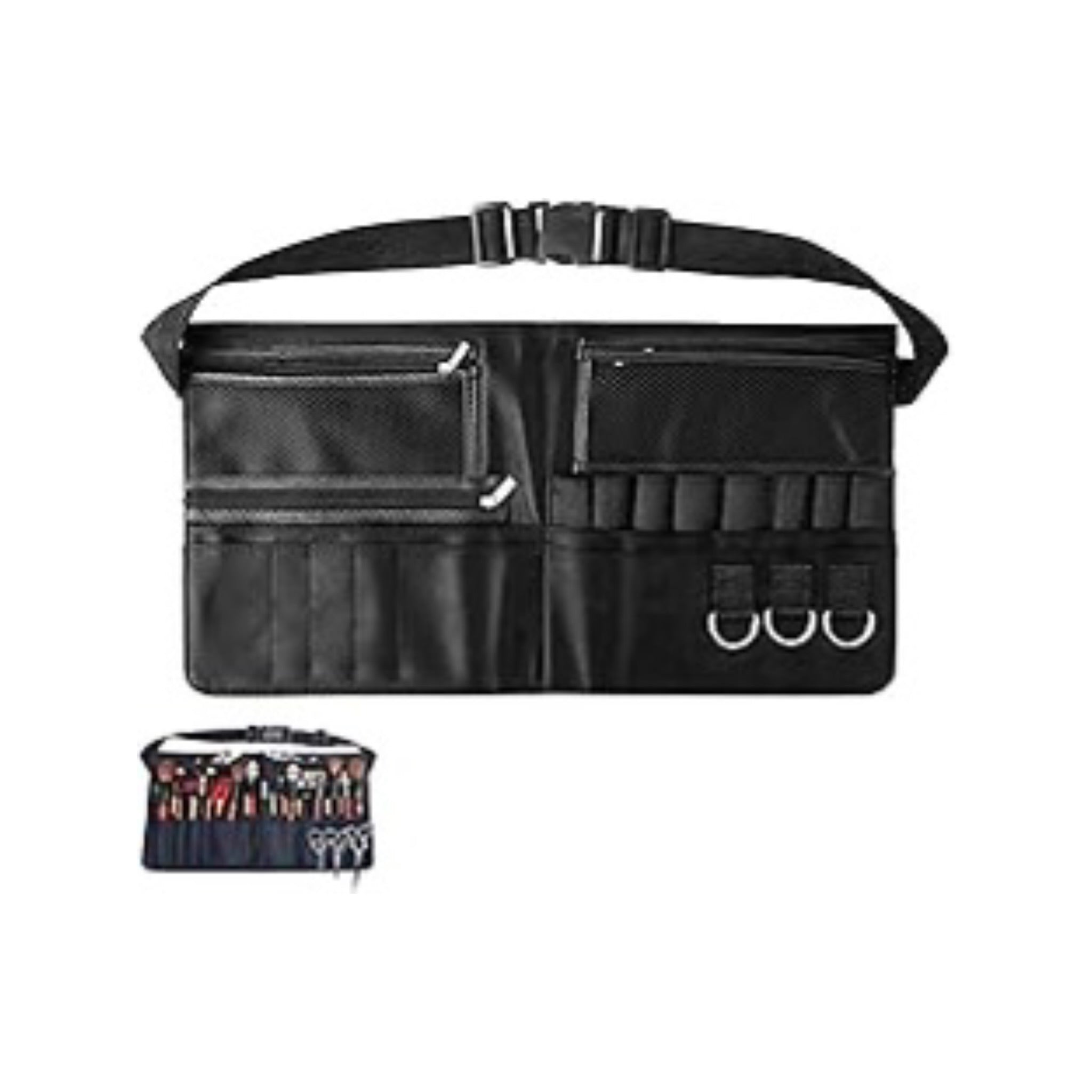 Problems Solved makeup brush cosmetic bag with organized compartments, ideal for artists and makeup enthusiasts.