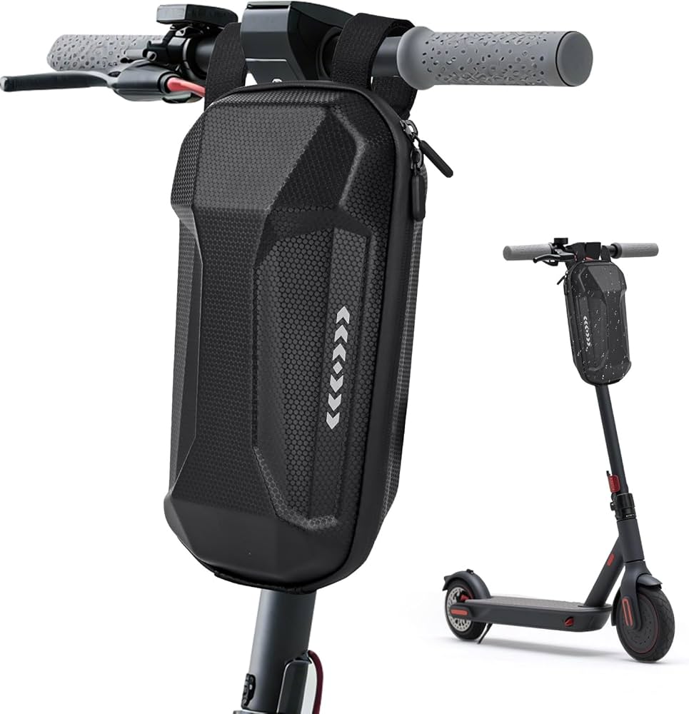 Waterproof 3L electric scooter bag by Problems Solved, showing a compact, durable storage bag attached to an electric scooter.