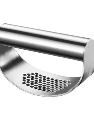 Problems Solved stainless steel garlic press squeezer showing a hand pressing garlic through the durable kitchen tool.