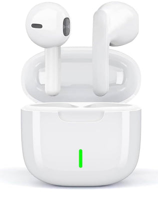 Wireless Bluetooth 5.3 in-ear headphones by Problems Solved, showing sleek black earbuds with compact design for comfortable listening.