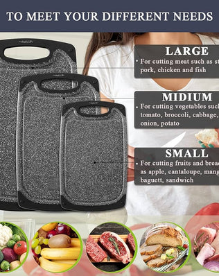 Problems Solved chopping boards set with multiple cutting boards in different sizes, made of durable wood and plastic.