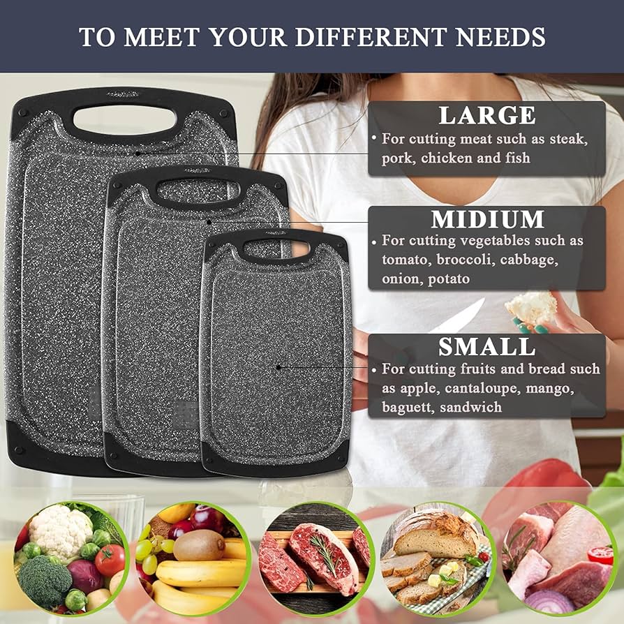 Problems Solved chopping boards set with multiple cutting boards in different sizes, made of durable wood and plastic.