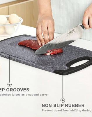 Problems Solved chopping boards set with multiple wooden cutting boards arranged for food prep and kitchen use.