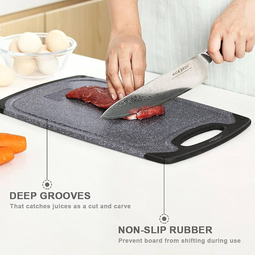 Problems Solved chopping boards set with multiple wooden cutting boards arranged for food prep and kitchen use.
