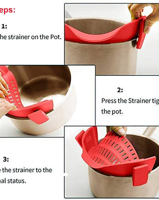 Problems Solved Snap Strainer clip-on silicone strainer for pots and pans, heat-resistant and hands-free kitchen tool.