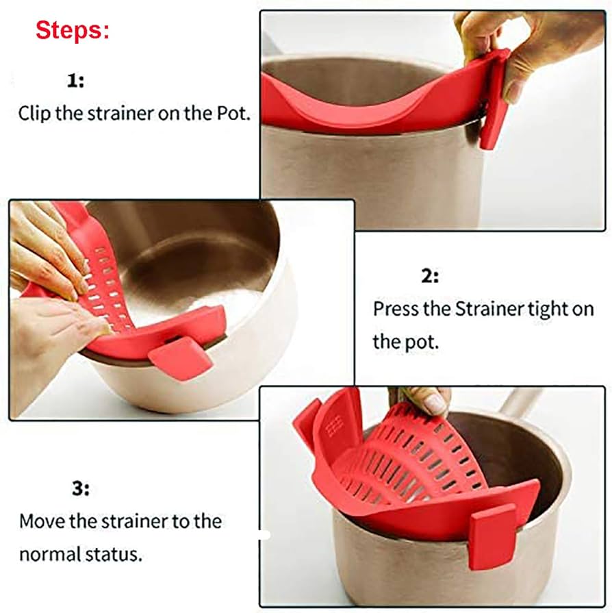 Problems Solved Snap Strainer clip-on silicone strainer for pots and pans, heat-resistant and hands-free kitchen tool.