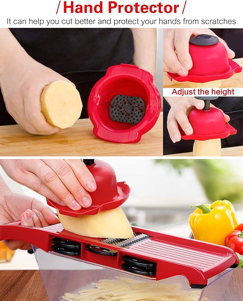 Problems Solved 6-in-1 professional kitchen mandolin with multiple blades for slicing, julienning, and dicing vegetables.